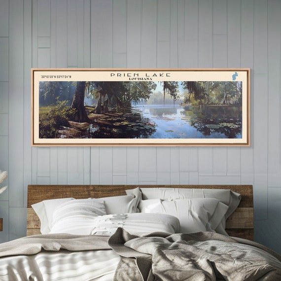 Prien Lake Louisiana Framed Print Lake House Decor Panoramic Travel Poster Scenic Wall Art Bedroom Decor