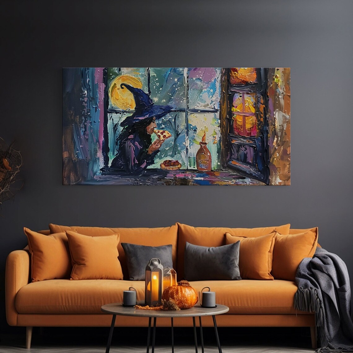 Witch Eating Pizza By Window At Night Funny Impasto Halloween Print - Image 3
