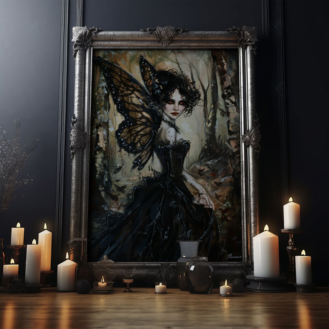 Dark Gothic Fairy With Butterfly Wings In Enchanted Forest Poster - Image 5