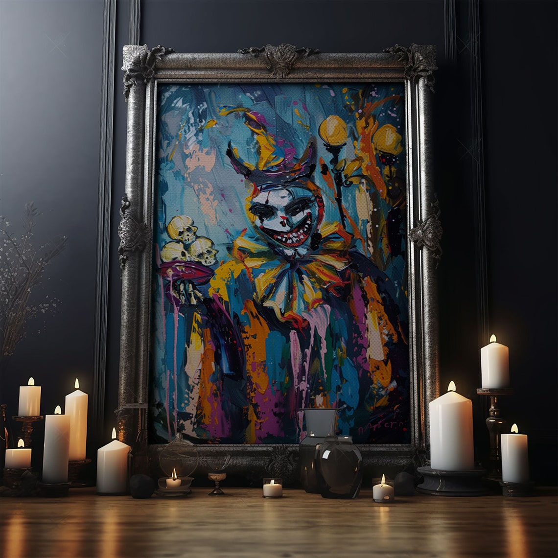 Grinning Horror Clown Skulls Abstract Neon Color Horror Art Poster - Image 4