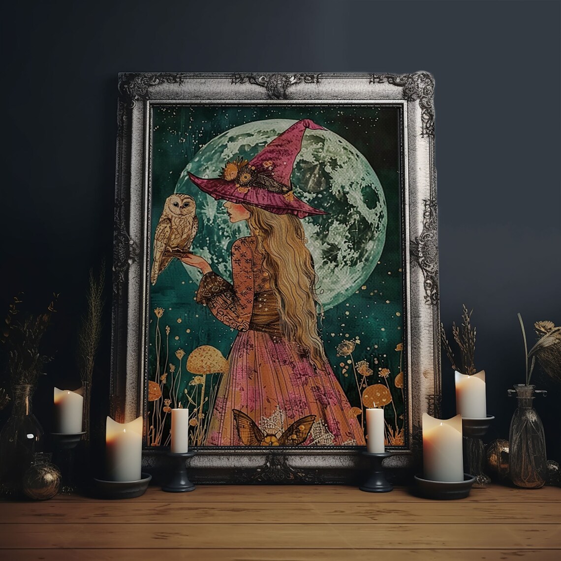 Witch Purple Hat Owl Giant Full Moon Watercolor Night Art Poster