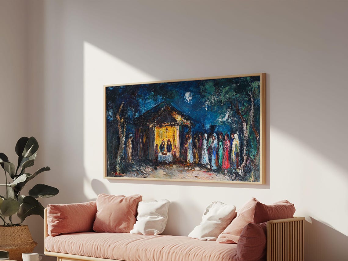 Moonlit Nativity Stable Golden Glow Abstract Christmas Art Poster - Image 5