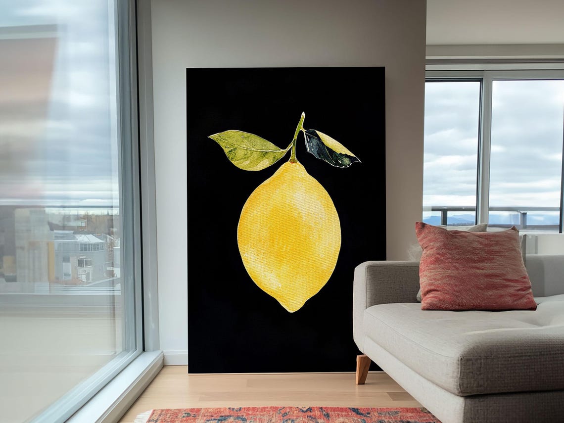 Single Yellow Lemon On Black Botanical Minimalist Fruit Print - Image 6