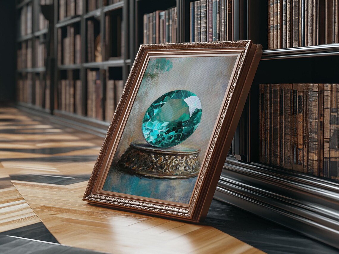 Emerald Green Faceted Gemstone Pedestal Jewel Painting Precious Wall Art