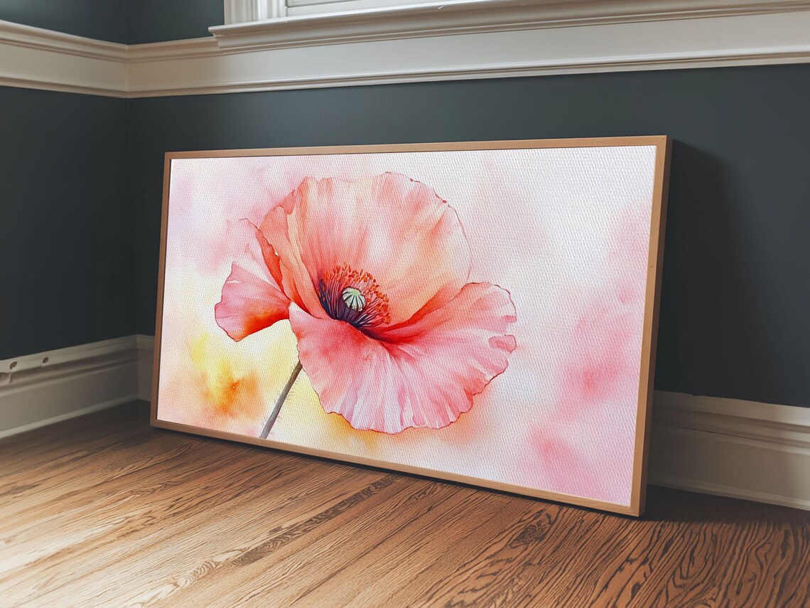 Soft Pink Poppy Close Up Watercolor Delicate Floral Wall Art Poster - Image 6