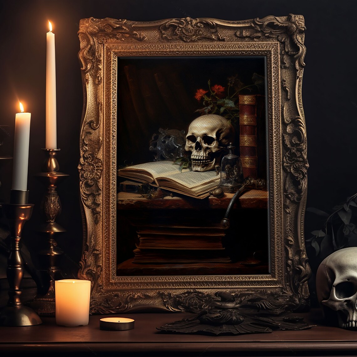 Victorian Bookshelf With Skull, Vintage Gothic Art Print