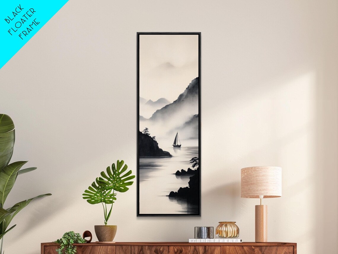 Black White Ink Misty Mountains Sailboat Lake Zen Minimalist Vertical Poster - Image 6