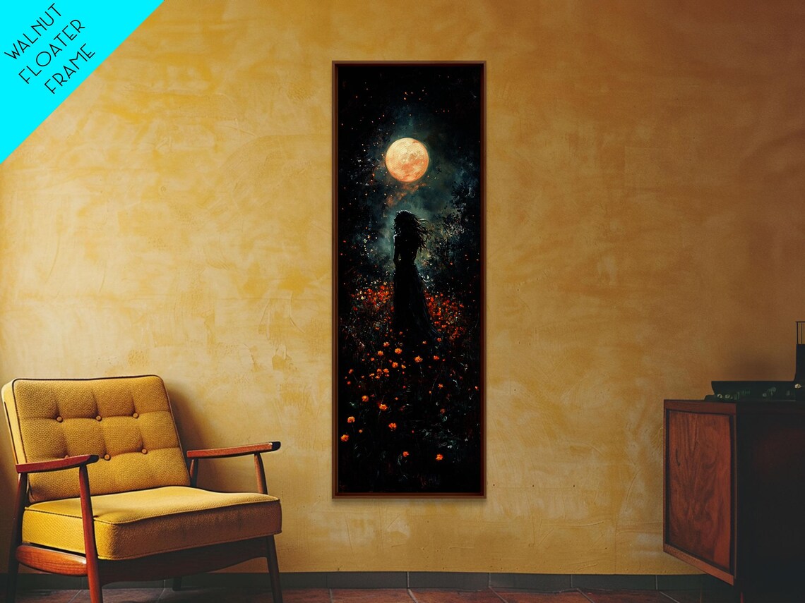 Woman Silhouette Golden Moon Flower Field Dark Romance Wall Art - Image 3