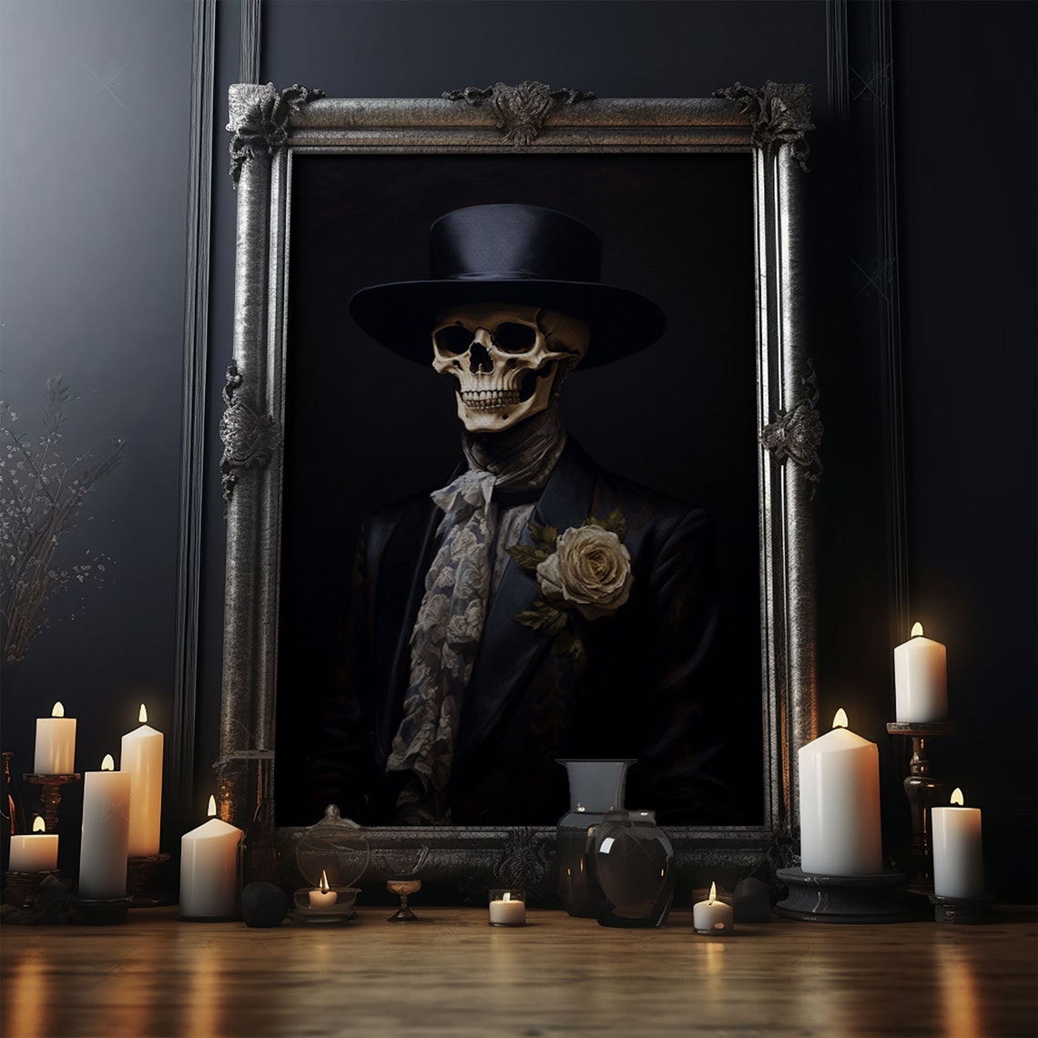 Dapper Skeleton Gentleman In Top Hat With Rose Gothic Portrait Print - Image 4