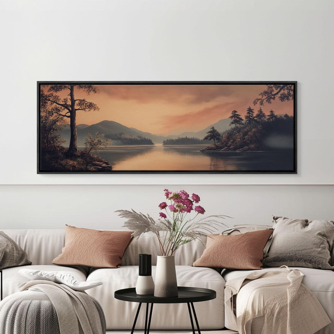 Moody Misty Lake Sunset Silhouetted Pines Dark Landscape Poster