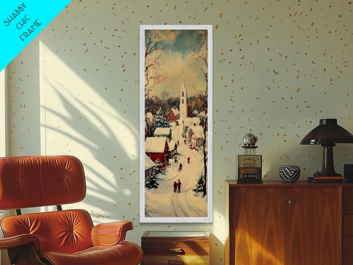 Snowy Village Church Steeple Winter Stroll Vintage Christmas Poster - Image 5