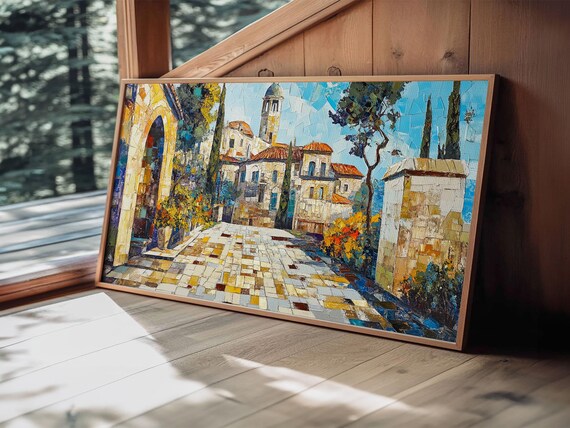 Mediterranean Village Mosaic Colorful Coastal Old Town Travel Poster