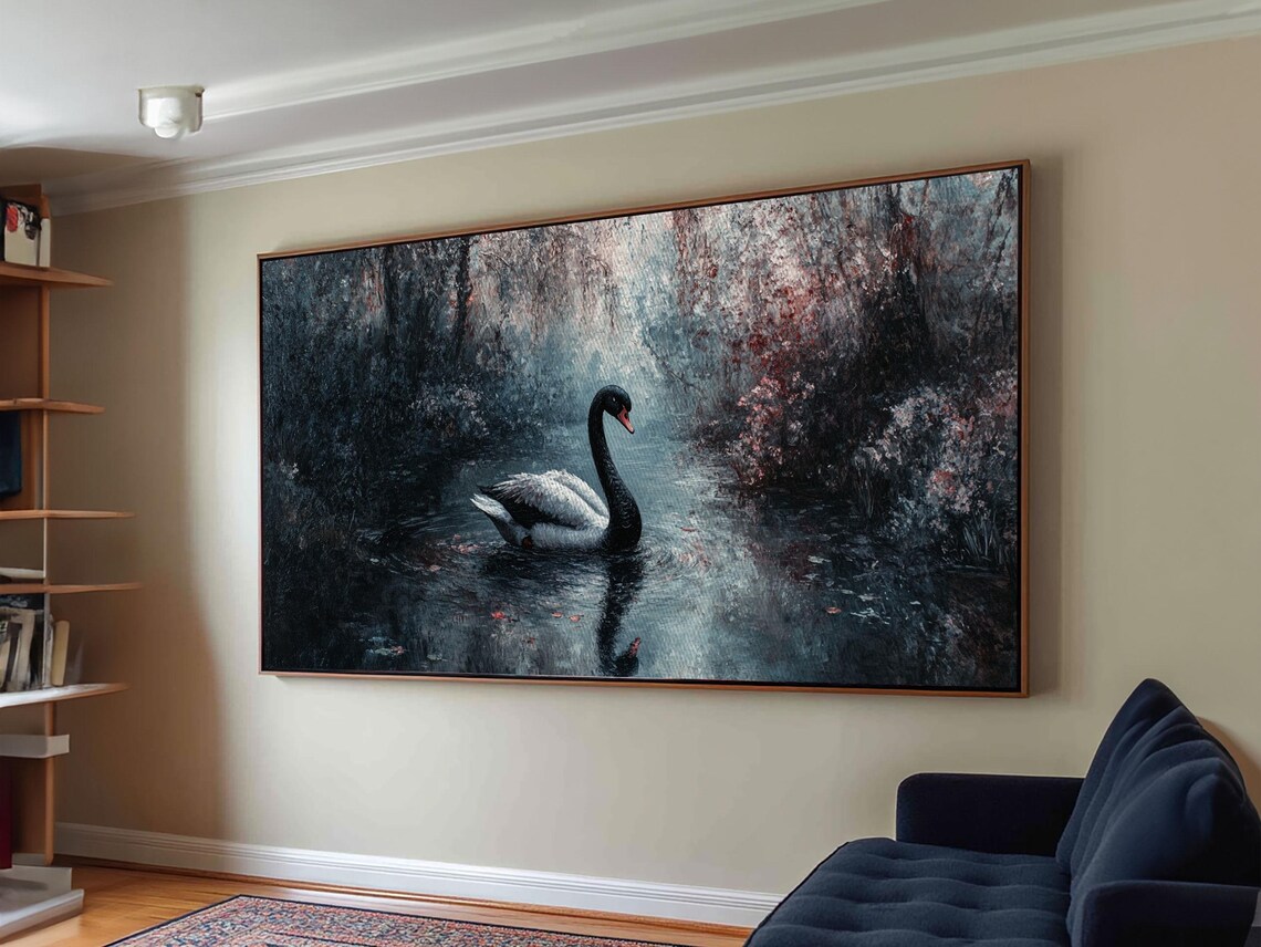 Dark Academia Black Swan Painting Misty Lake Gothic Romantic Art Print - Image 2