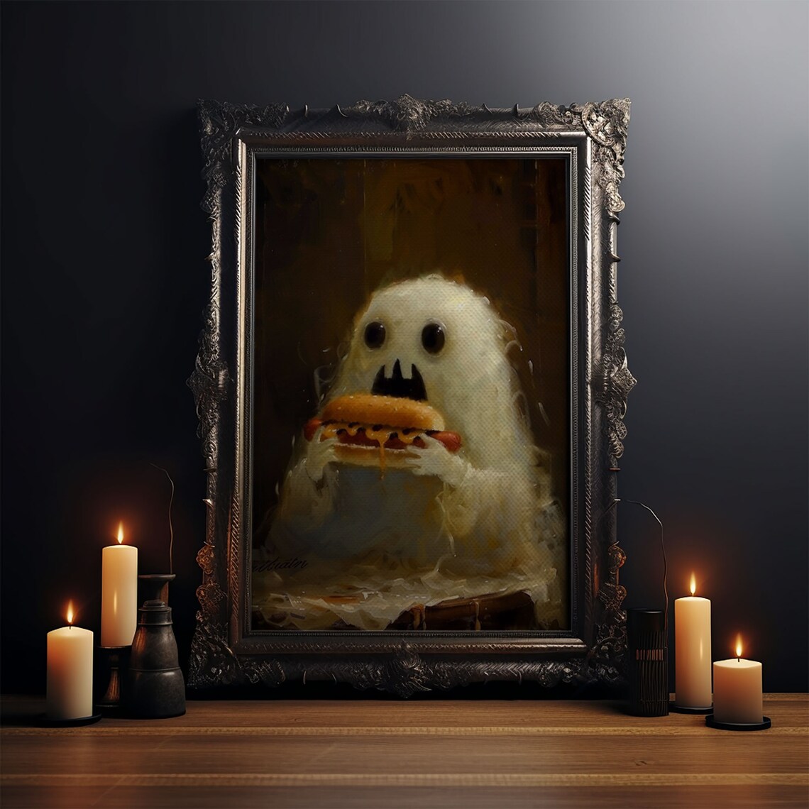 Cute Ghost Chomping Hot Dog, Funny Halloween Art Print - Image 4