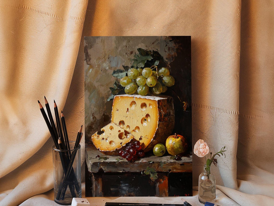 Rustic Cheese and Grapes Still Life Oil Painting Kitchen Wall Poster - Image 3
