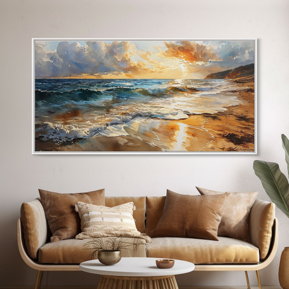 Golden Sunset Beach Waves Ocean Shoreline Watercolor Seaside Poster - Image 5