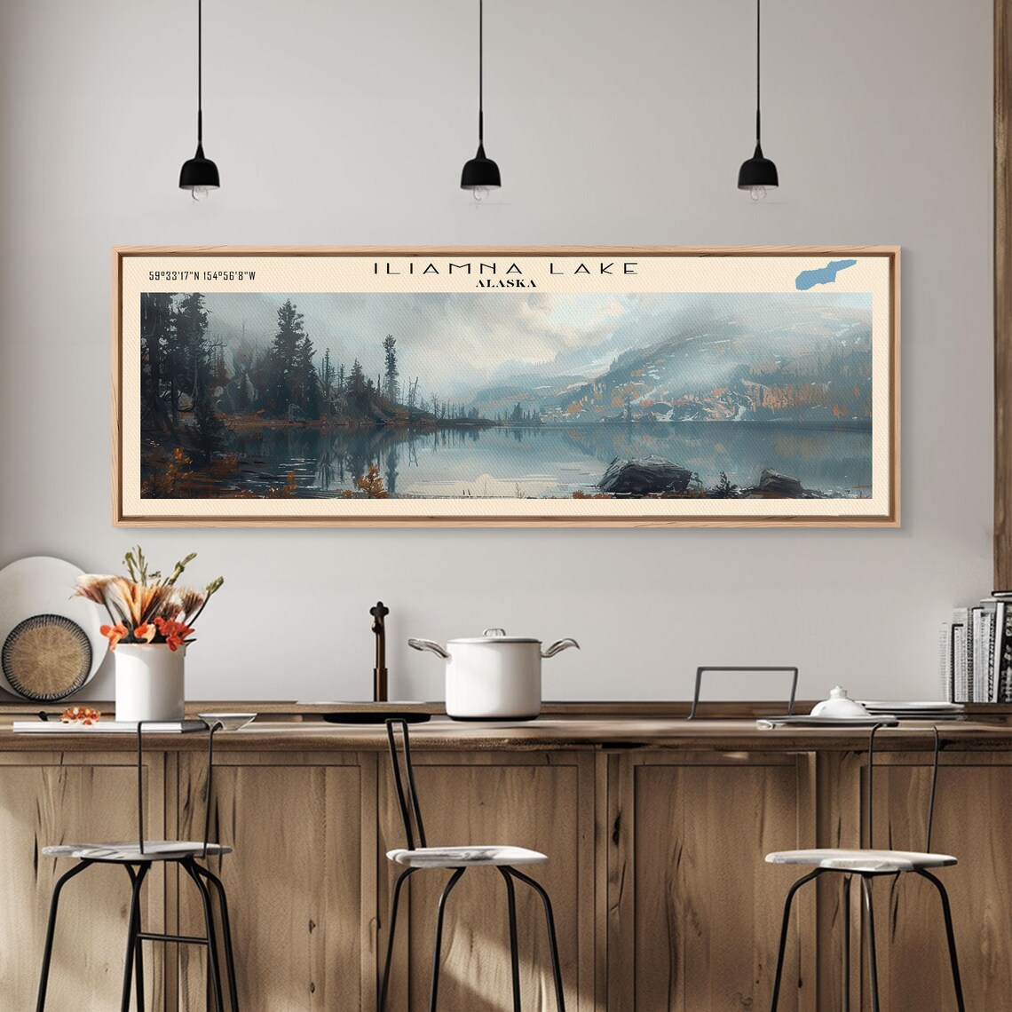 Iliamna Lake Alaska Misty Pine Shore Snowy Peaks Travel Poster