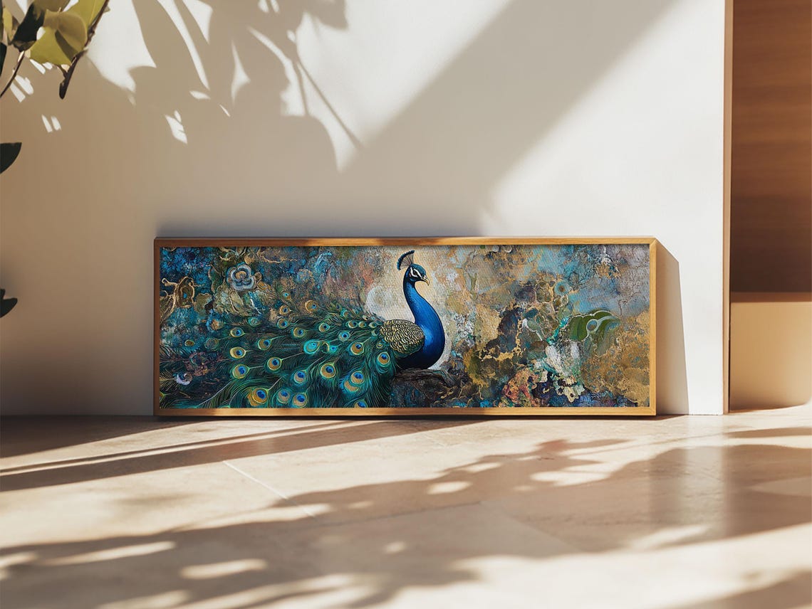 Regal Peacock Mosaic Gold Panoramic Vintage Style Bird Wall Art Poster - Image 6