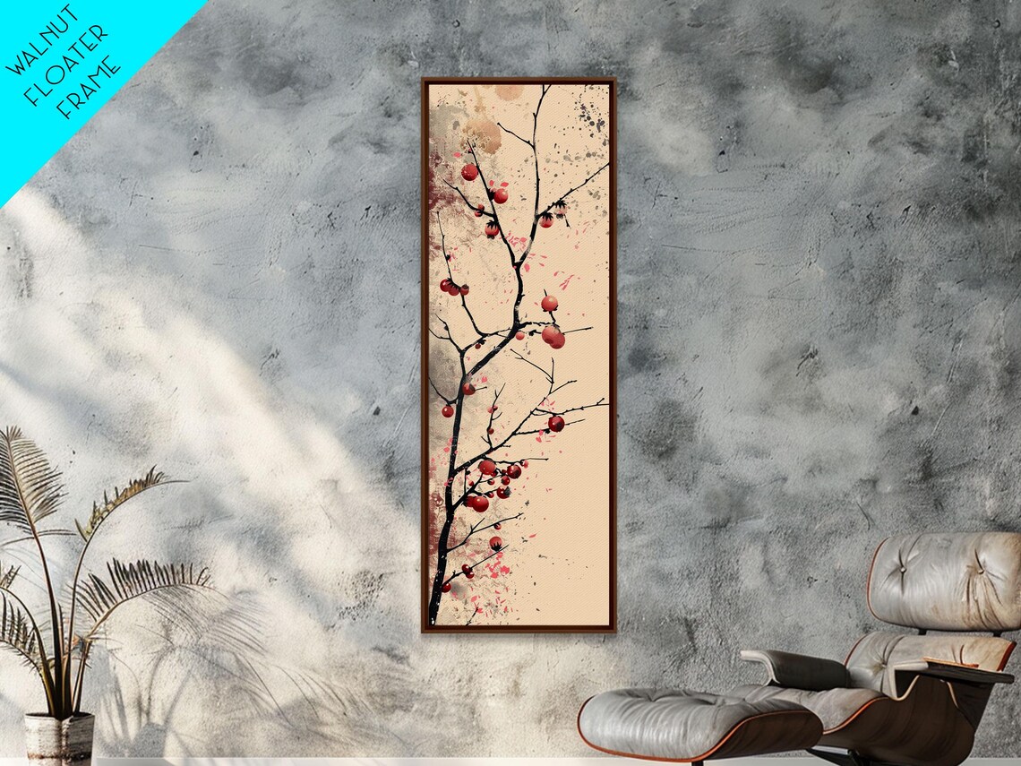 Minimalist Red Berry Branch Ukiyo E Ink Wash Japanese Poster - Image 2