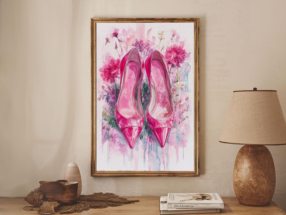 Pink High Heels Floral Watercolor Feminine Fashion Art Print