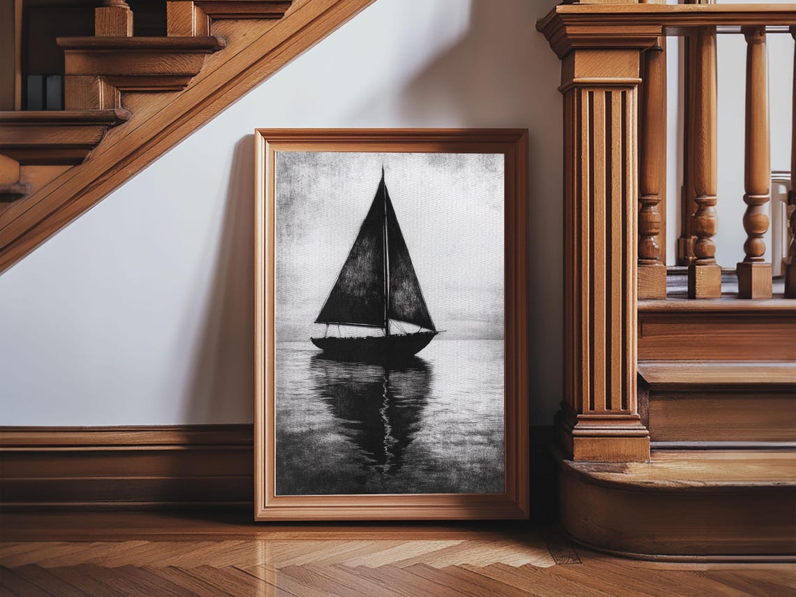 Black And White Sailboat Silhouette Minimalist Nautical Art Print - Image 2