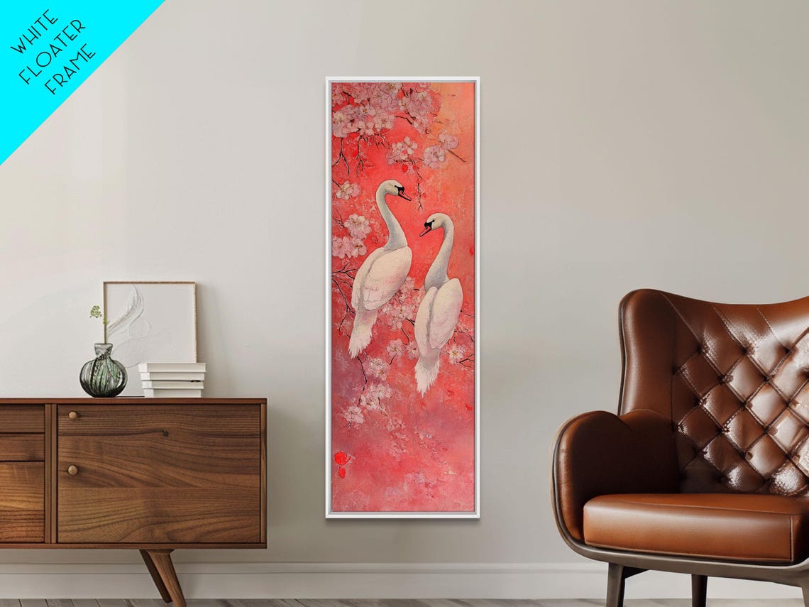 White Swans Cherry Blossoms Pink Watercolor Romantic Art Poster - Image 2