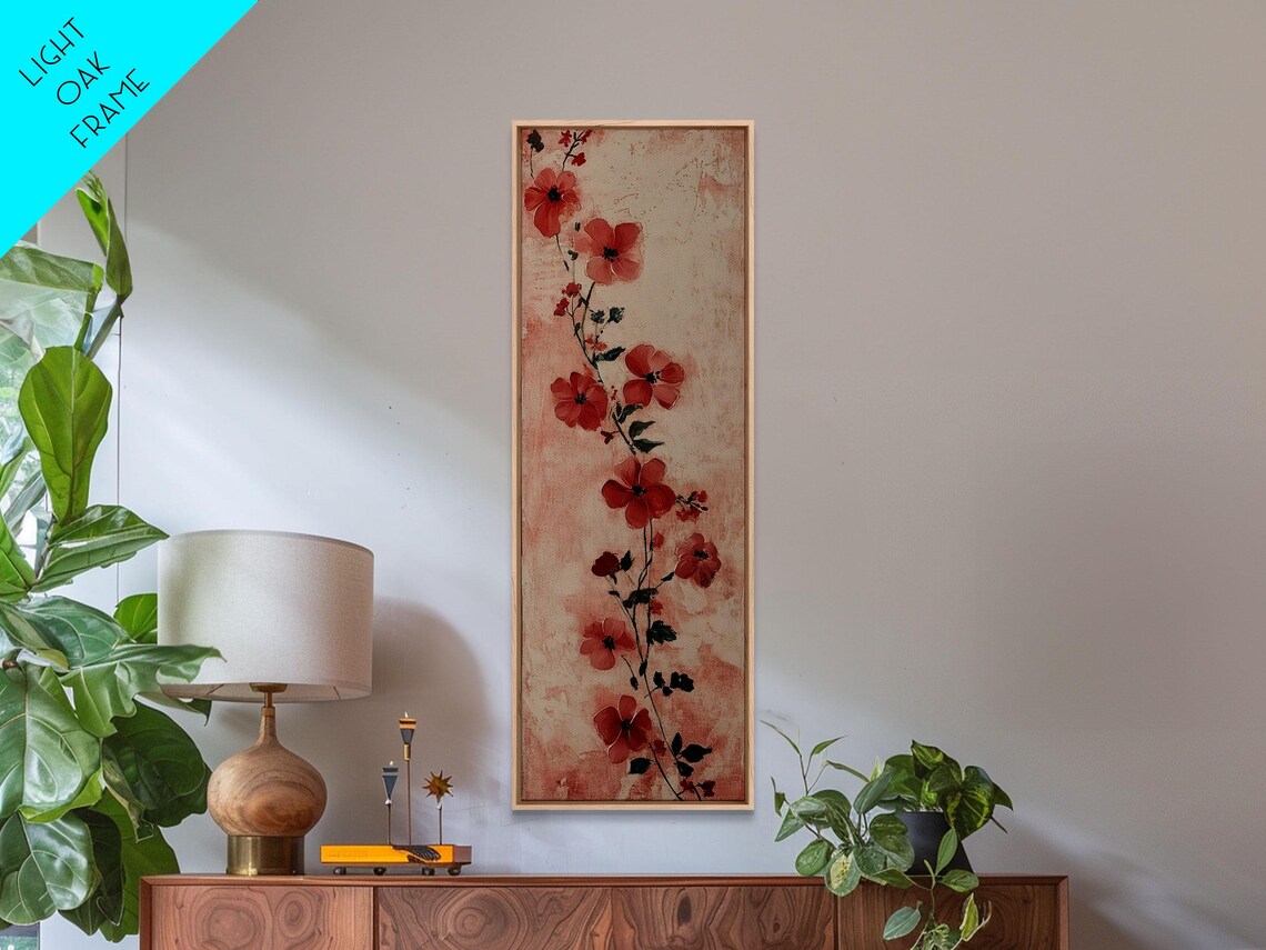 Red Cascading Flowers Blush Background Romantic Floral Wall Art - Image 3