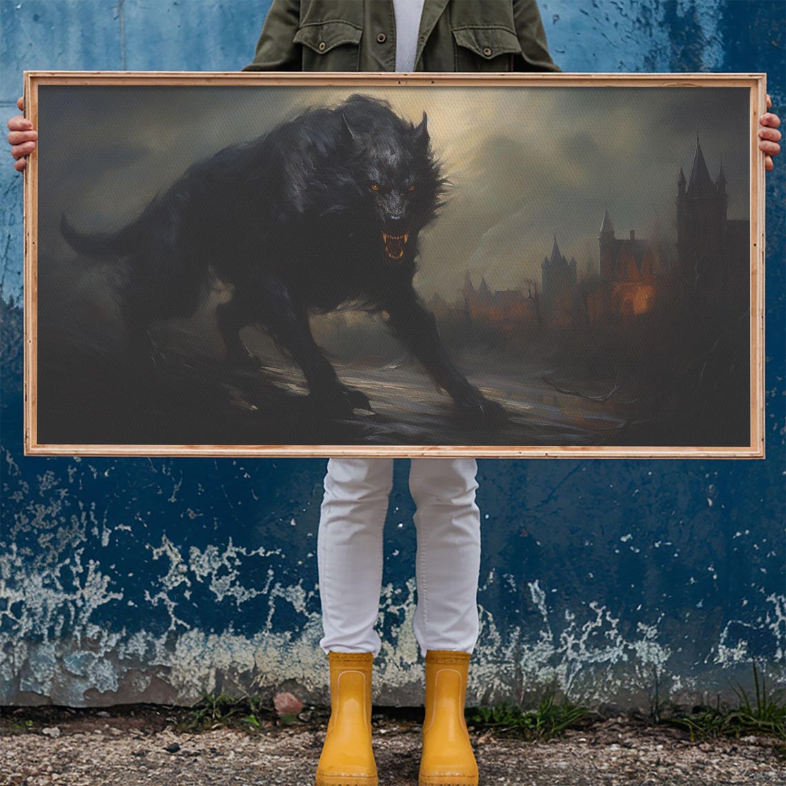 Giant Black Werewolf Gothic Castle Night Horror Painting Dark Poster - Image 6