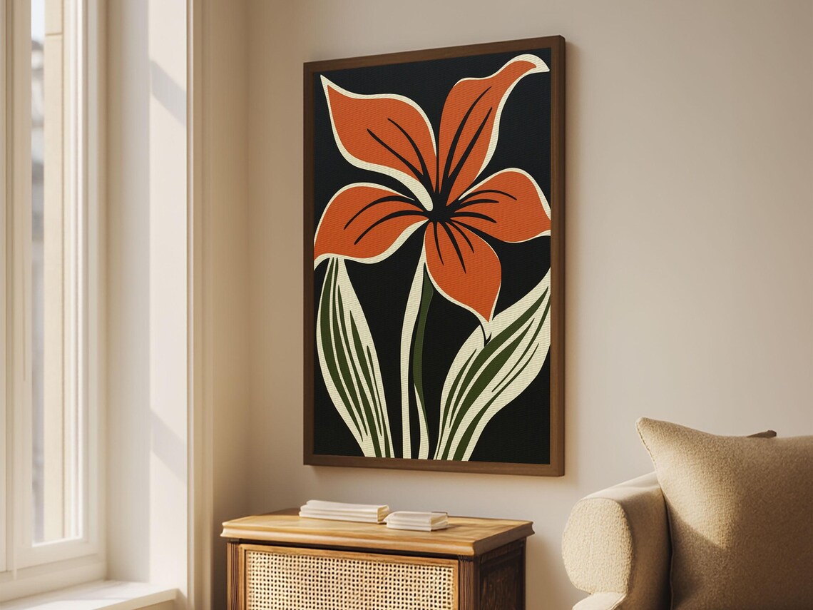 Orange Flower On Black Background, MCM Style Art Print - Image 5