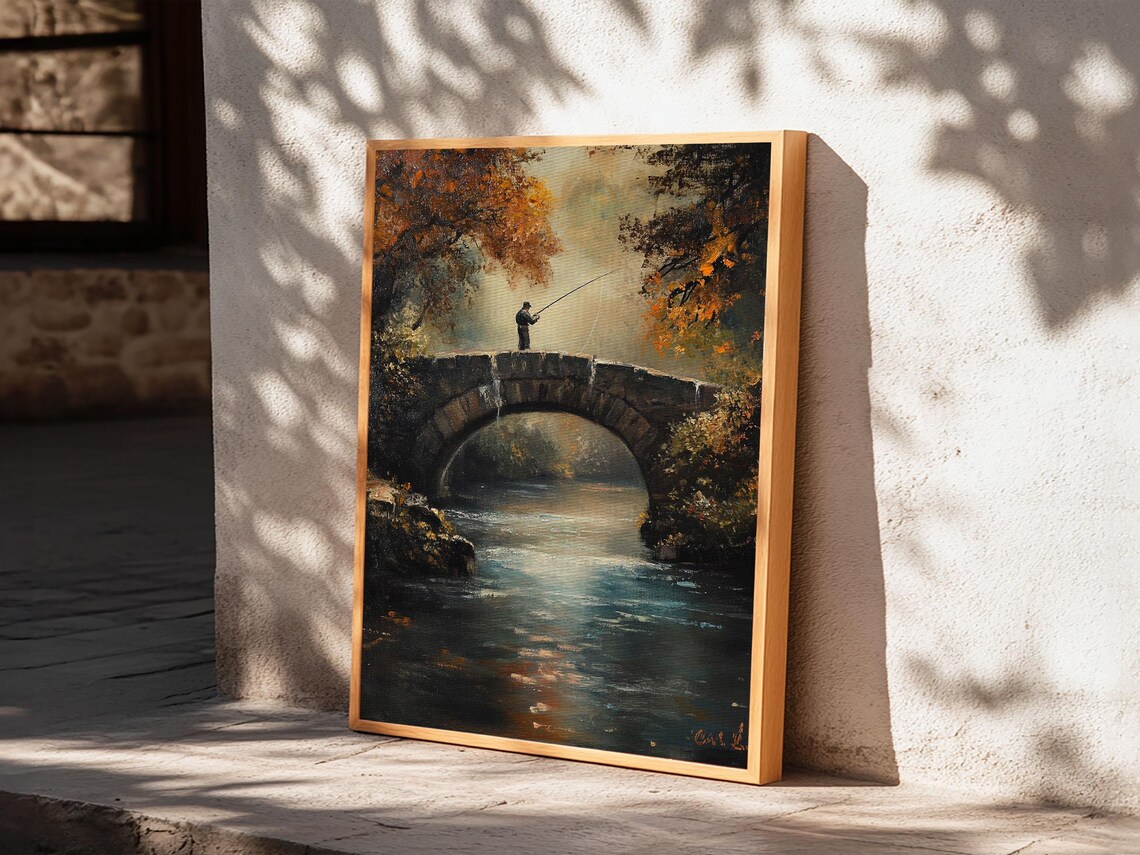 Fisherman Stone Bridge River Dusk Autumn Oil Painting Art Poster