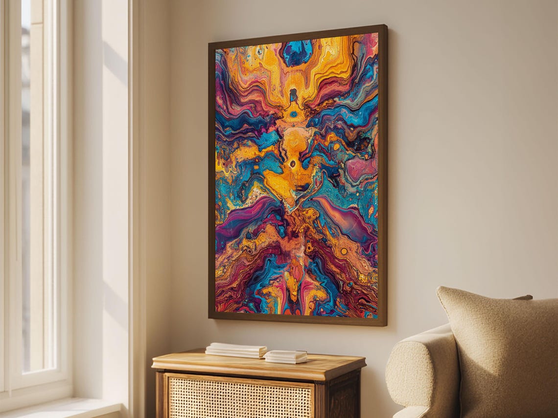 Vibrant Fluid Acrylic Pour Blue Orange Abstract Modern Art Print - Image 5