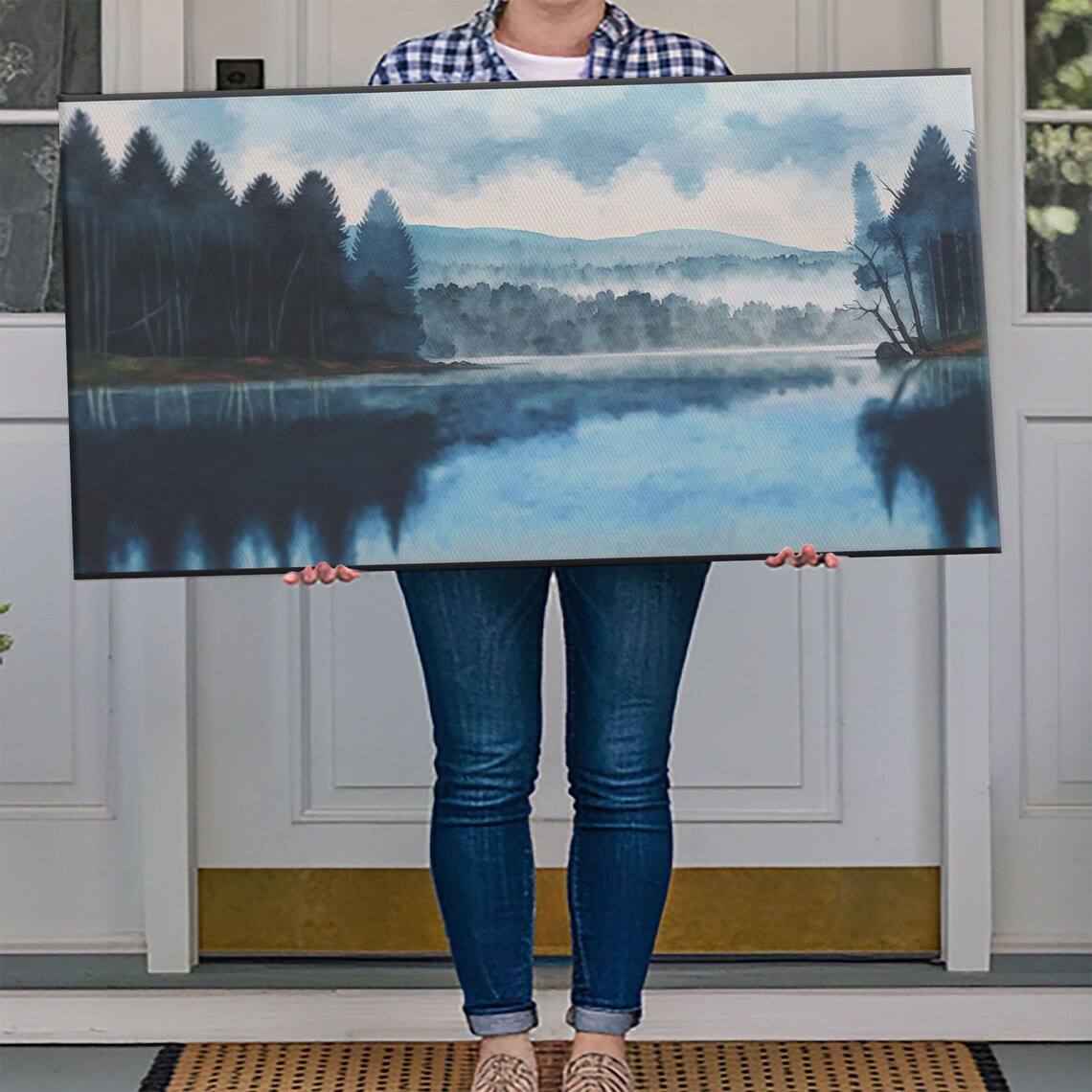 Misty Blue Lake Watercolor Calm Forest Reflection Peaceful Lake Poster - Image 4