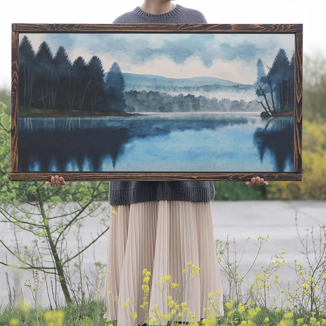 Misty Blue Lake Watercolor Calm Forest Reflection Peaceful Lake Poster - Image 2
