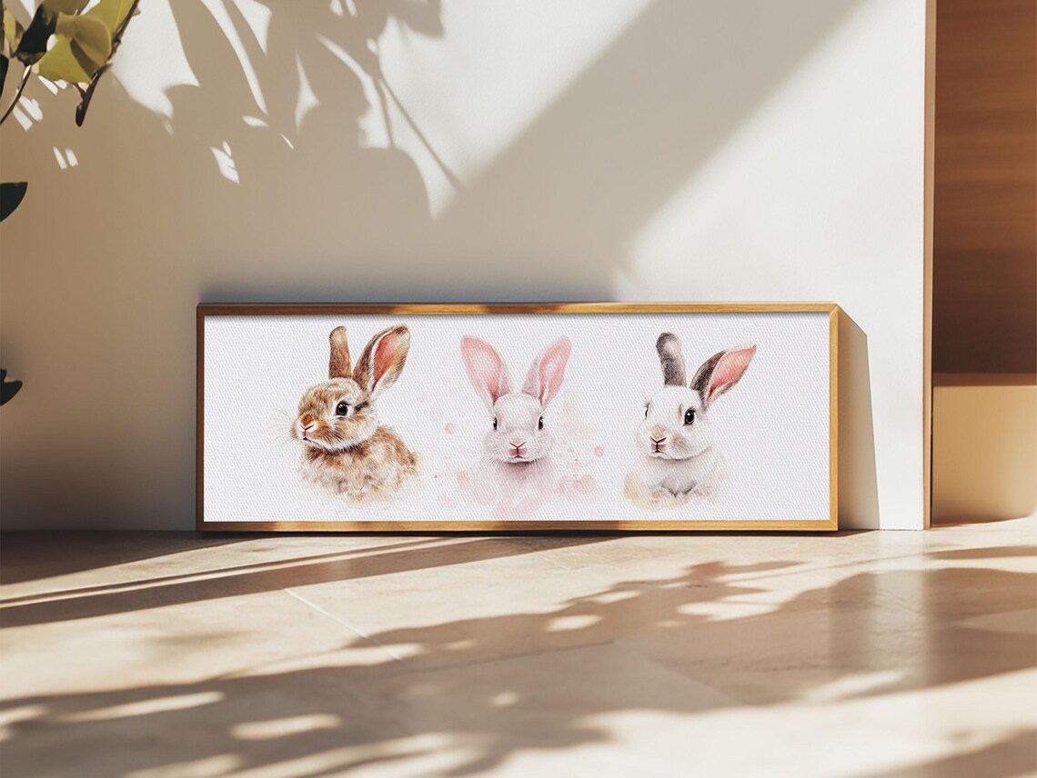 Trio Bunny Rabbits Watercolor Portrait Pink Gold Frame Panoramic Animal Poster - Image 5