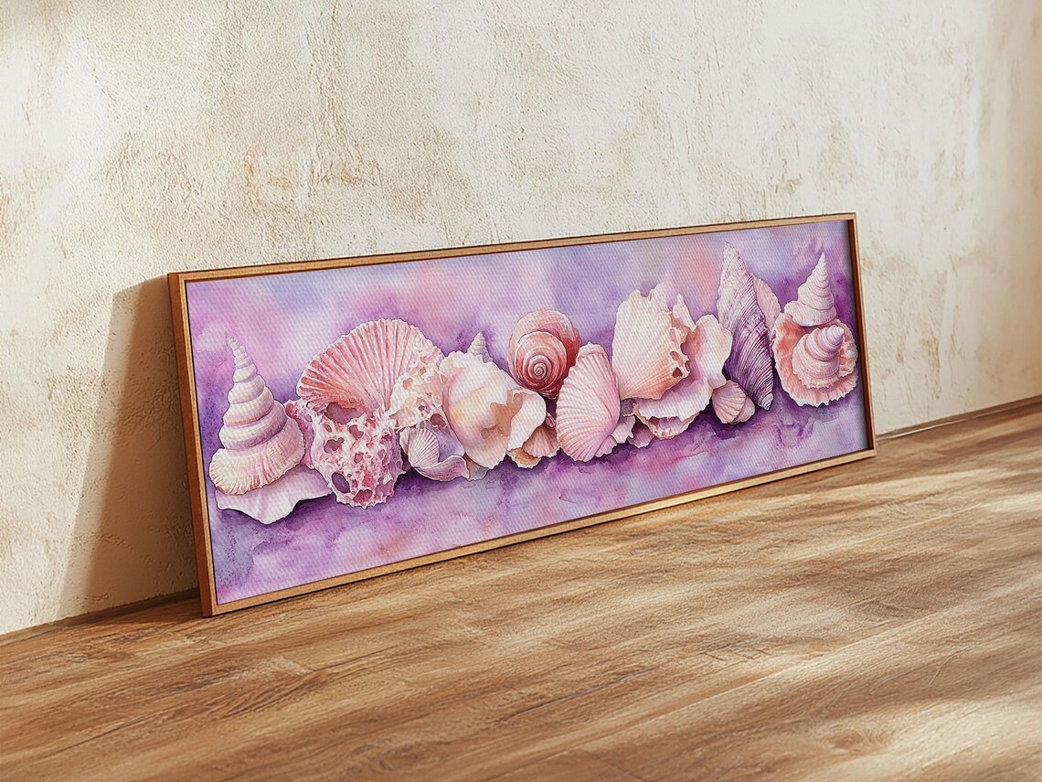 Pink Seashells Watercolor Coastal Horizontal Beach House Wall Art Poster - Image 2