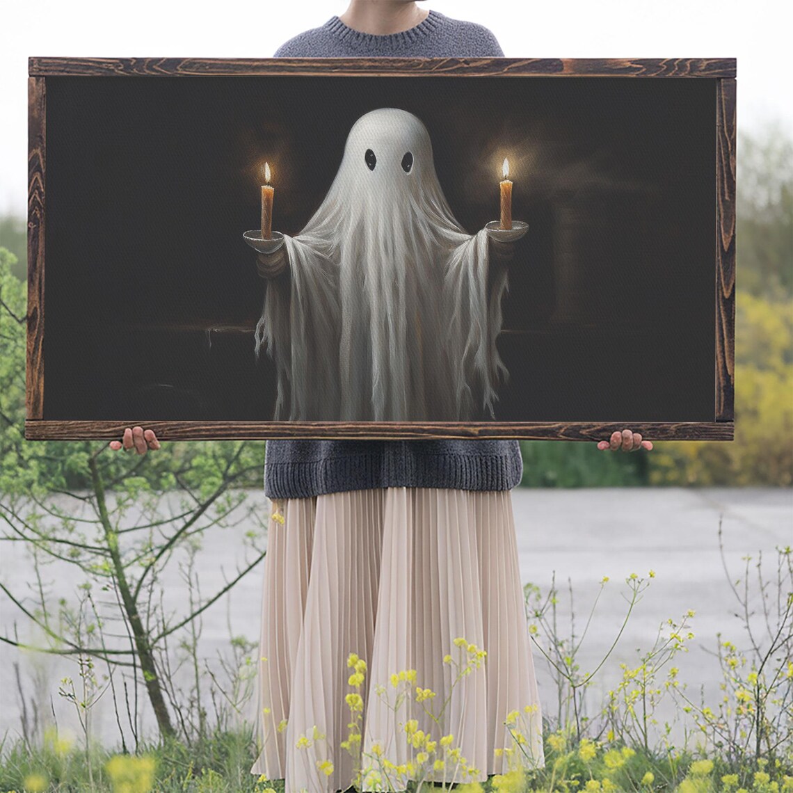Cute Ghost Holding Candles Dark Background Vintage Oil Painting Poster - Image 2