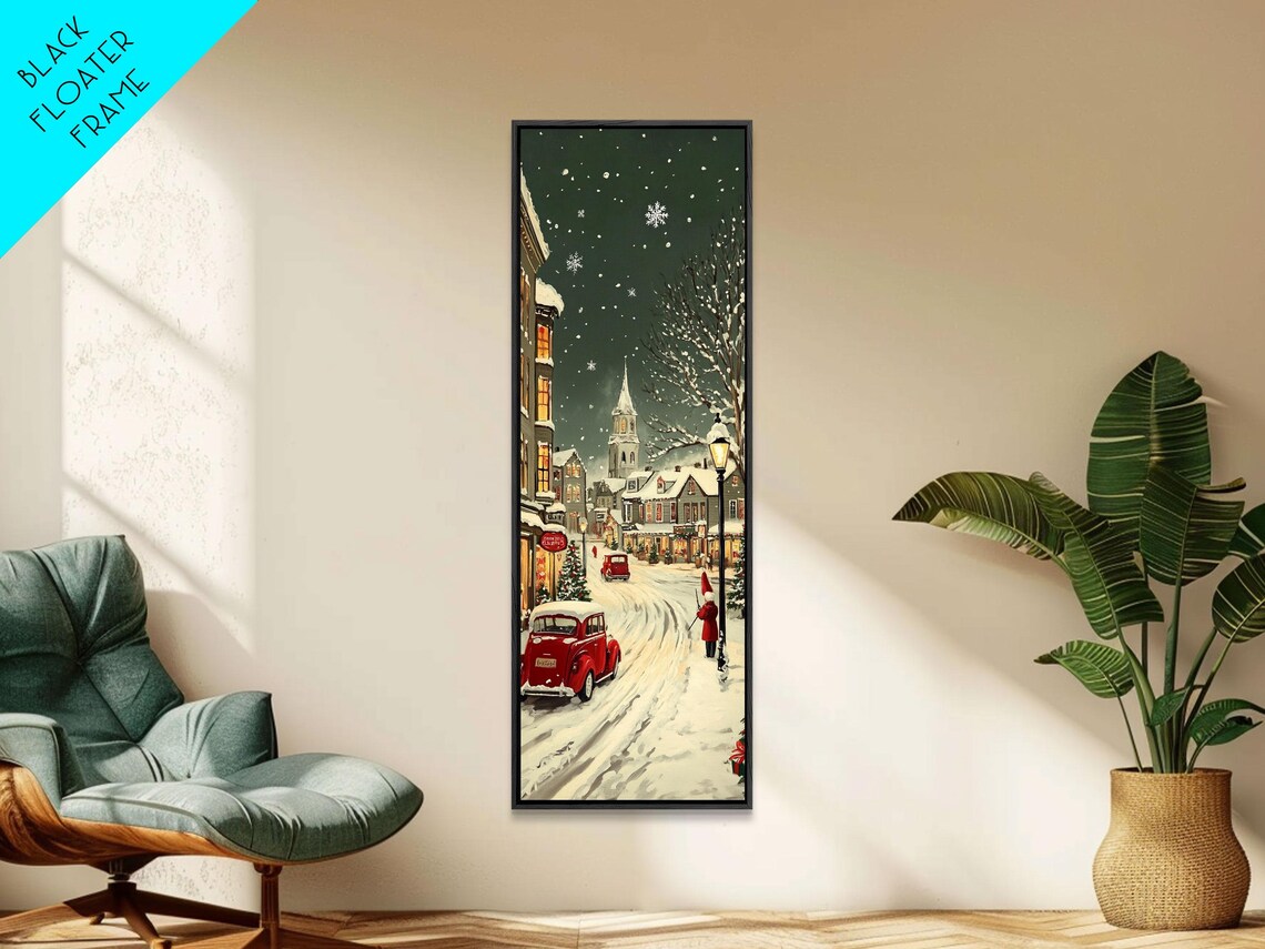Snowy Village Street At Night With Vintage Red Car Christmas Poster - Image 4