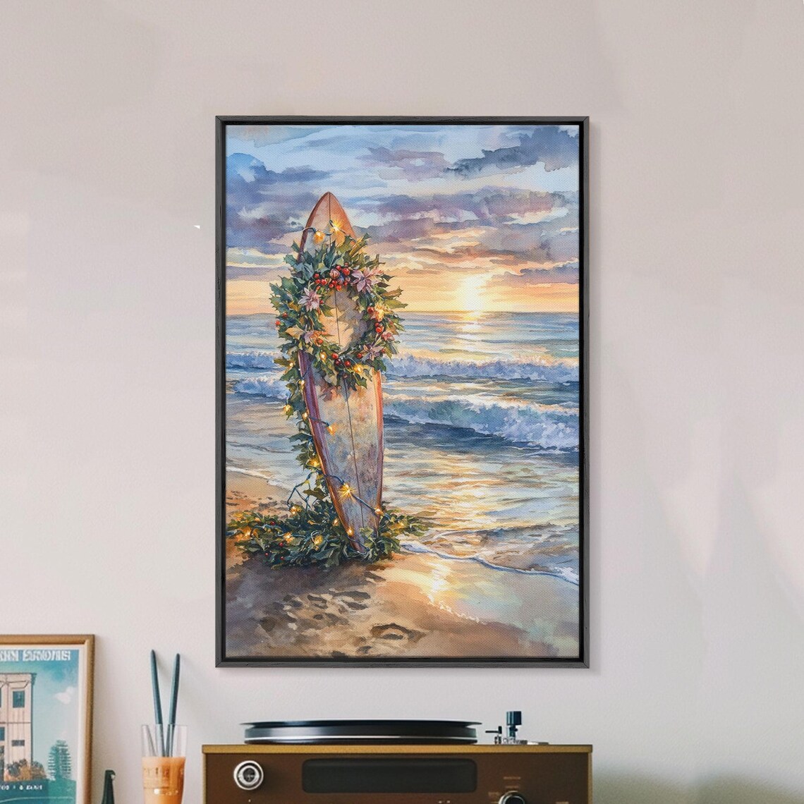 Christmas Surfboard Decorated With Garland On Beach Sunset Poster - Image 4