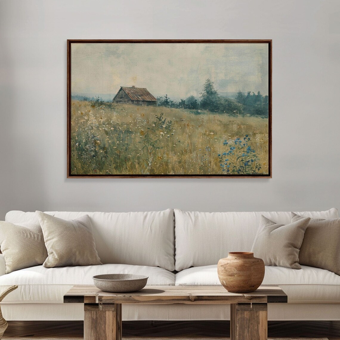 Misty Watercolor Barn Hilltop Wildflowers Quiet Morning Art Poster - Image 2