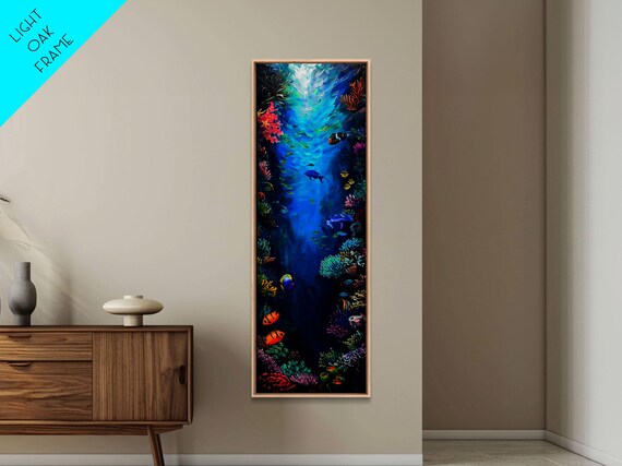 Oversized Vertical Framed Painting Of Colorful Coral Reef Ocean Painting Framed Ocean Landscape Wall Art Print Vibrant Art