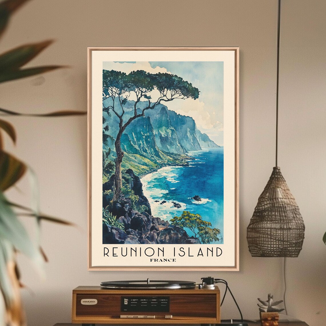 Reunion Island France Volcanic Cliff Coast Lone Tree Watercolor Poster - Image 3