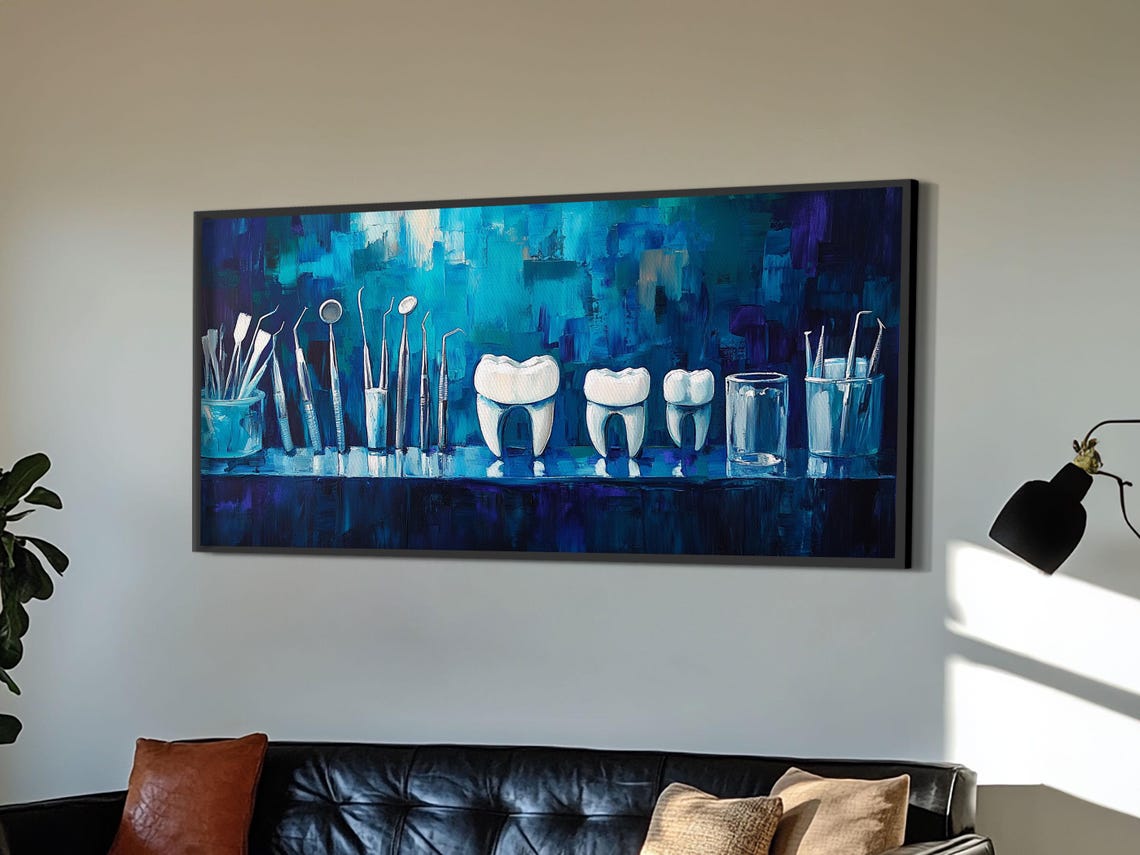 Modern Dental Tools Blue Teal Abstract Dentist Office Wall Decor Print