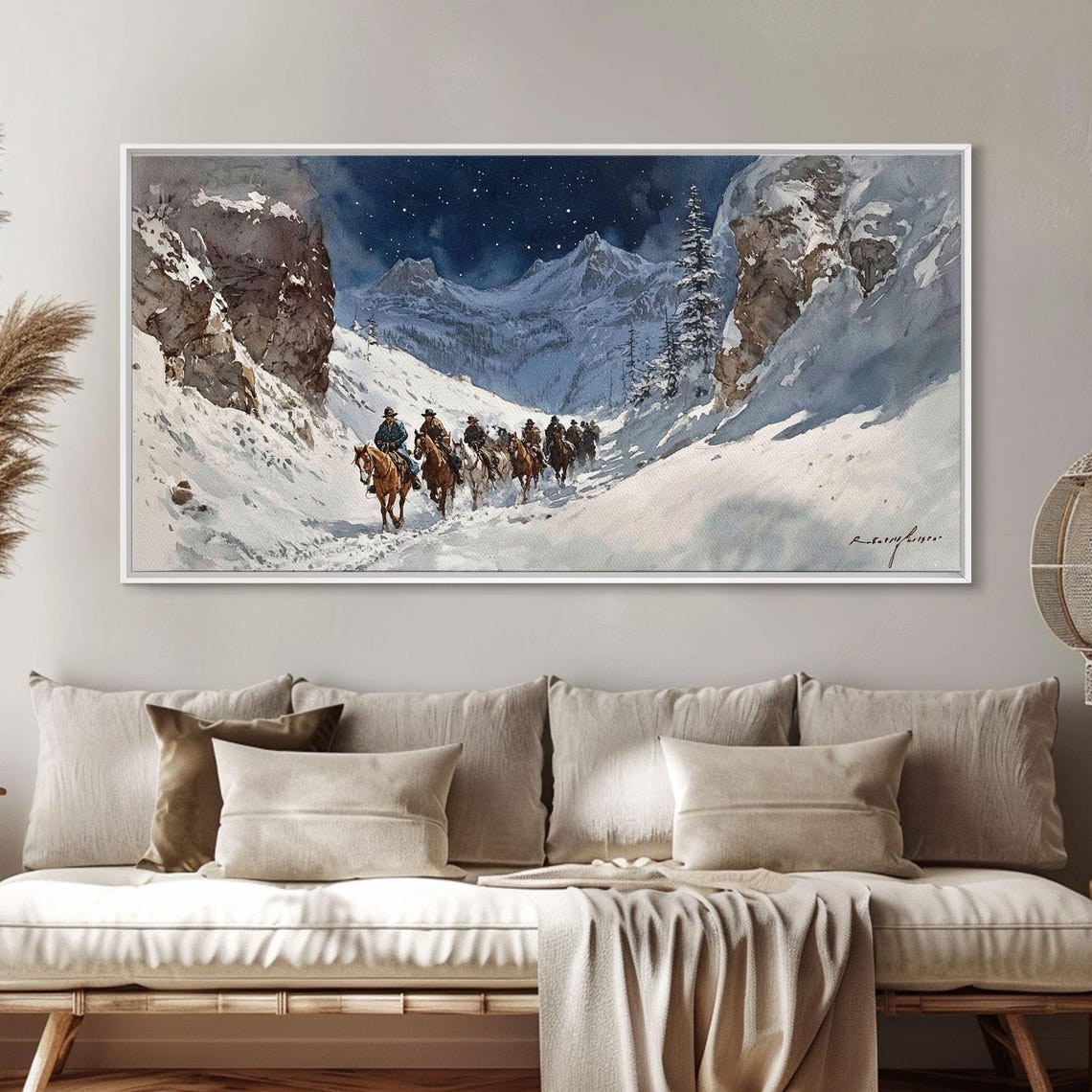 Cowboys Riding Snowy Mountain Pass Under Starry Night Art Print - Image 6
