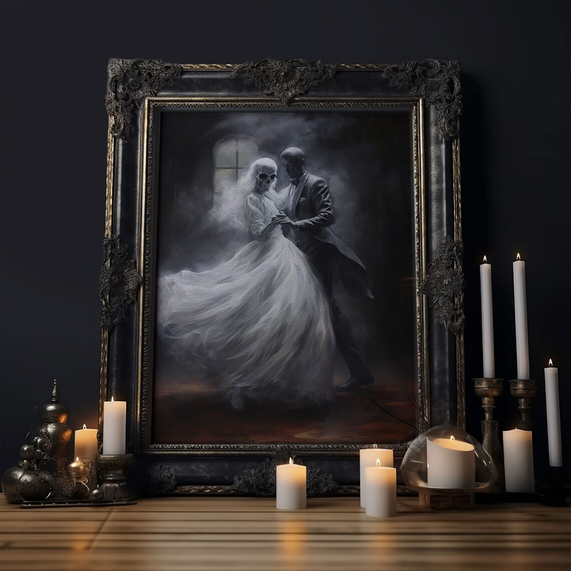 Ghost Couple Dancing Ballroom Skeletal Bride Spooky Gothic Art Poster
