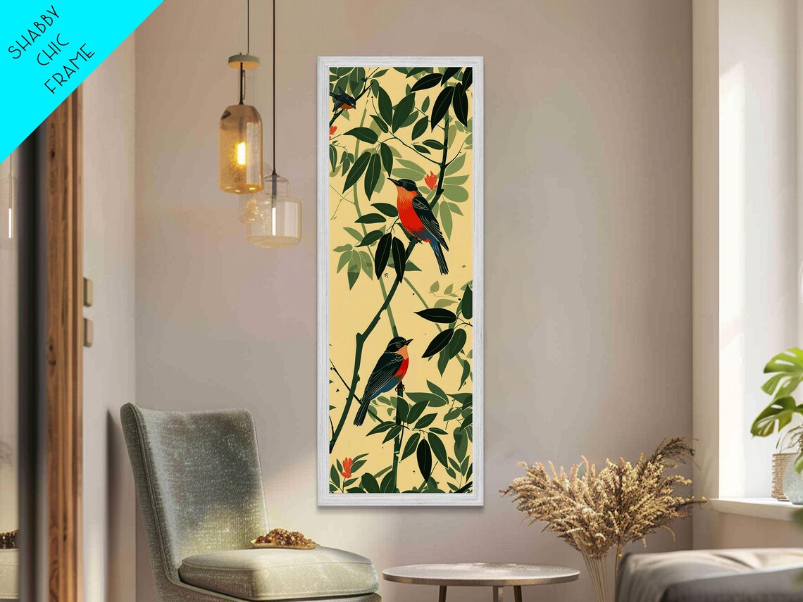 Pair Of Colorful Birds Dense Green Foliage Red Flower Art Print - Image 5