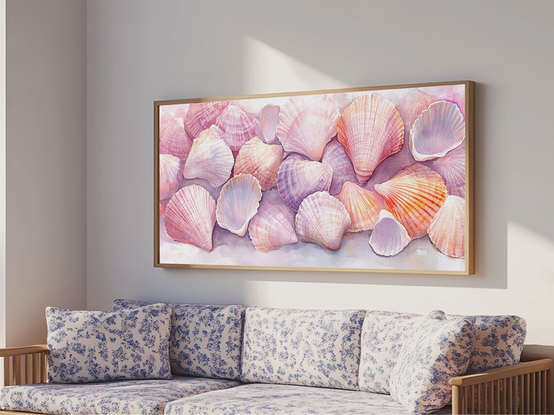 Pink Seashells Watercolor Coastal Beach Nautical Bedroom Wall Art Print - Image 2
