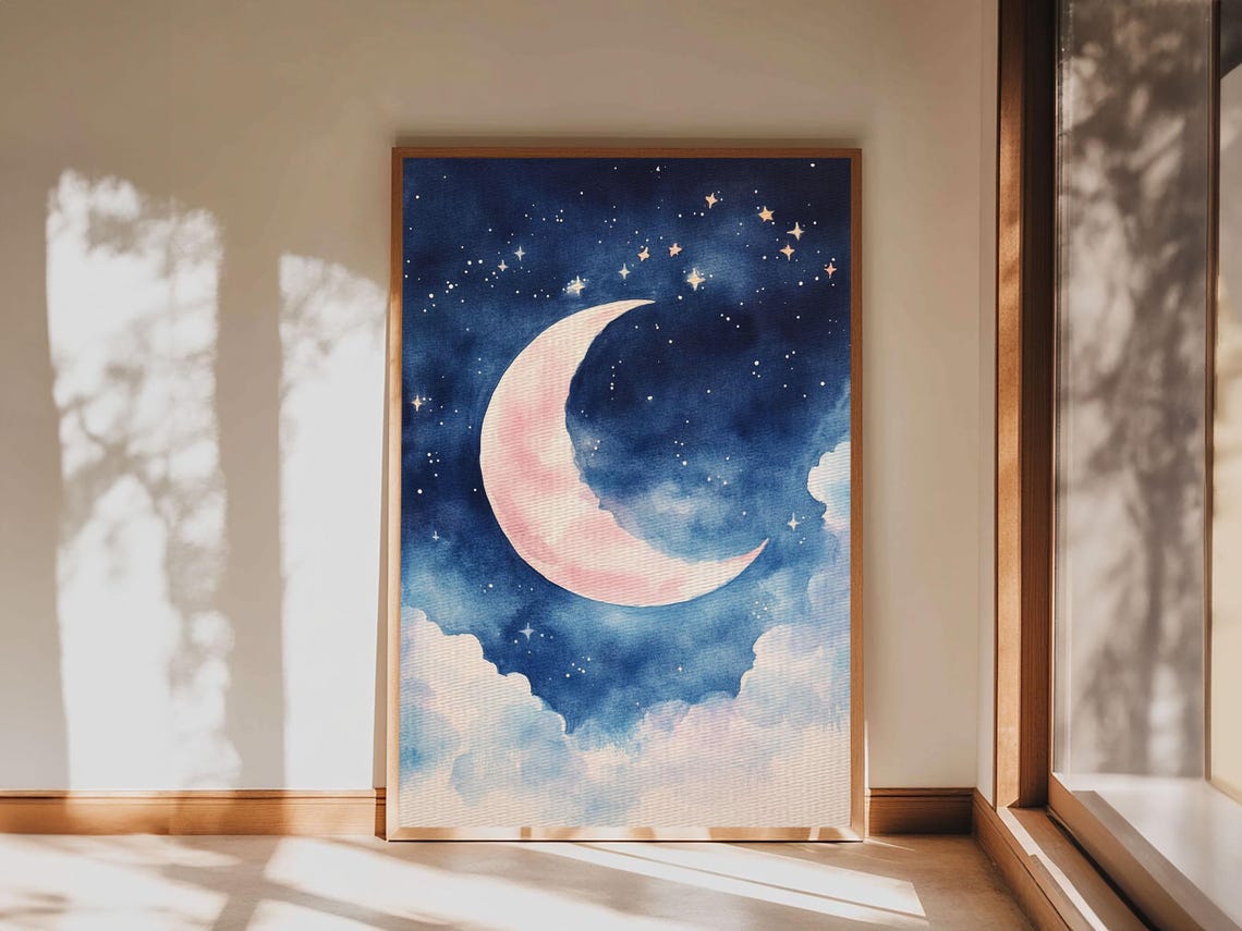Pink Crescent Moon Watercolor Print Starry Night Sky Wall Art Poster - Image 4