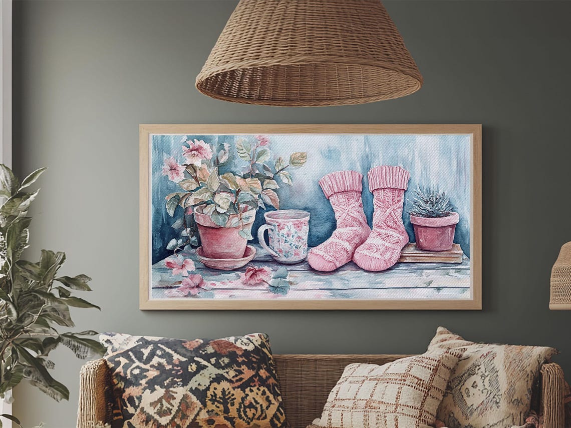 Pink Knitted Socks Potted Plants Tea Mug Cozy Cottage Wall Poster - Image 5
