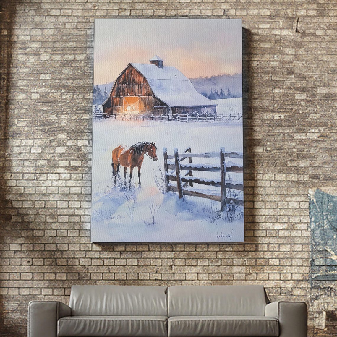 Horse In Snowy Pasture Before Barn At Dusk Winter Farm Poster