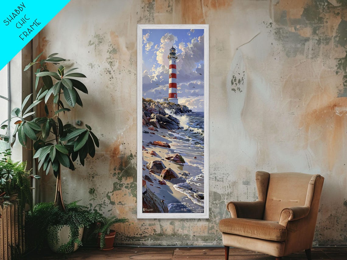 Red White Striped Lighthouse Rocky Shore Waves Blue Sky Poster